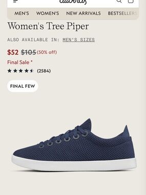 allbirds size 8 Women's Tree Piper Sneaker — Navy Blue with White Sole